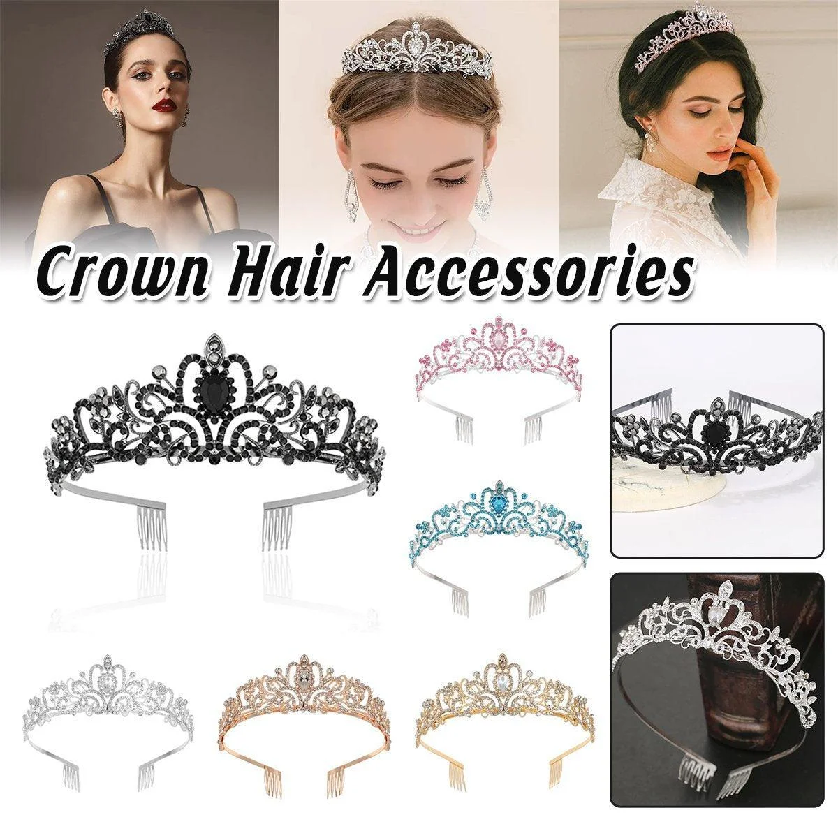 Princess Rhinestone Queen Hair Tiara Headband Hair Accessories Crystal Crown - Silver-Pink