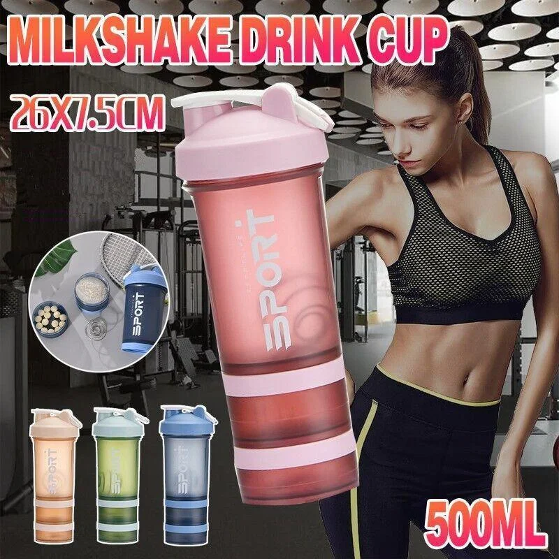 Powder Milkshake Drink Cup Sport Water Bottle 500Ml 3 Tier Protein Shaker Pill - Blue