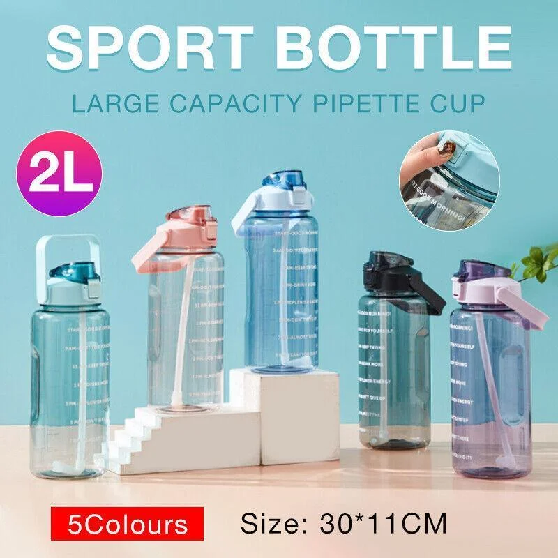 2L Water Bottle Straw Cup Motivational Drink Flask With Time Markings Sports Gym - Green