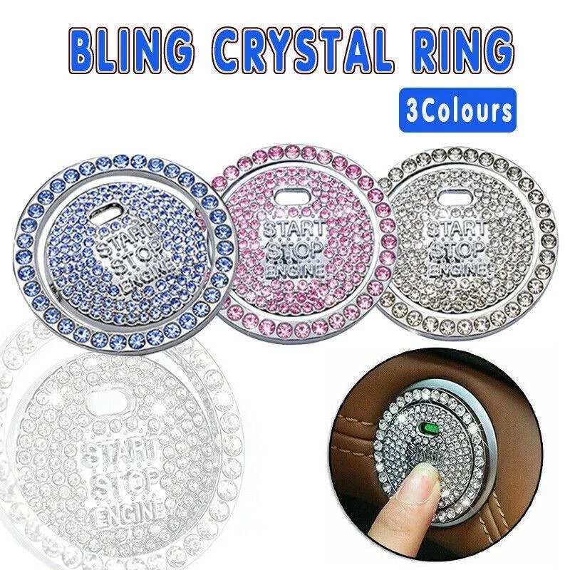 Bling Crystal Ring For Car One Key Engine Start Stop Decoration Button - Blue