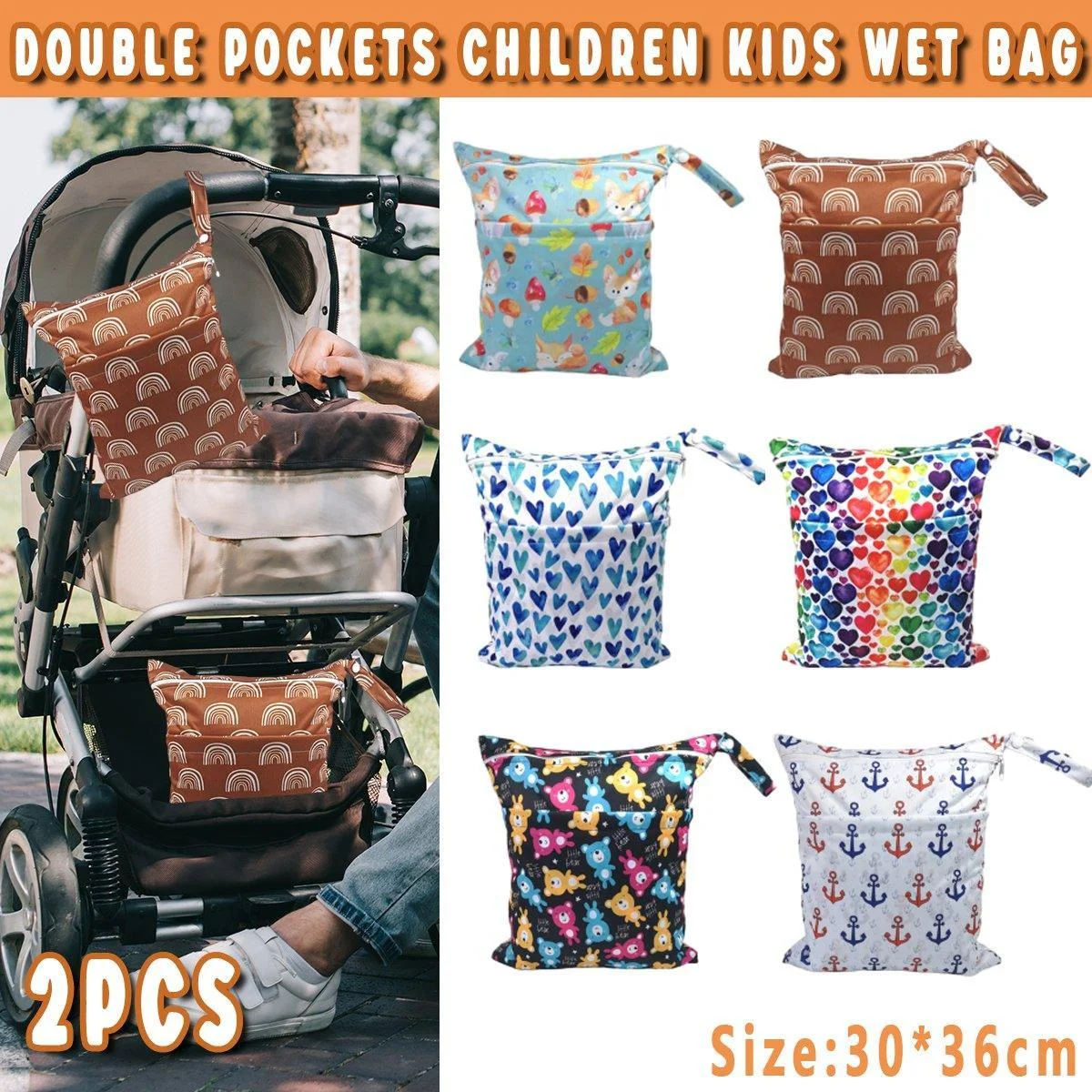 2PCS Cartoon Printed Diaper Bag Double Zipper Washable Storage Organizer - Fox Cone