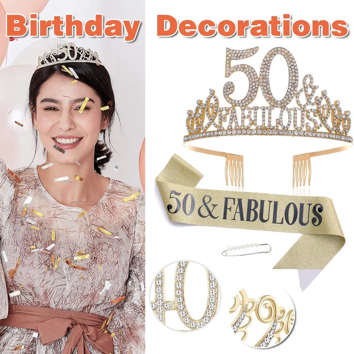 50th Birthday Gold Party Set Hairband Crown Sash Belt Ceremonial Accessory Kit
