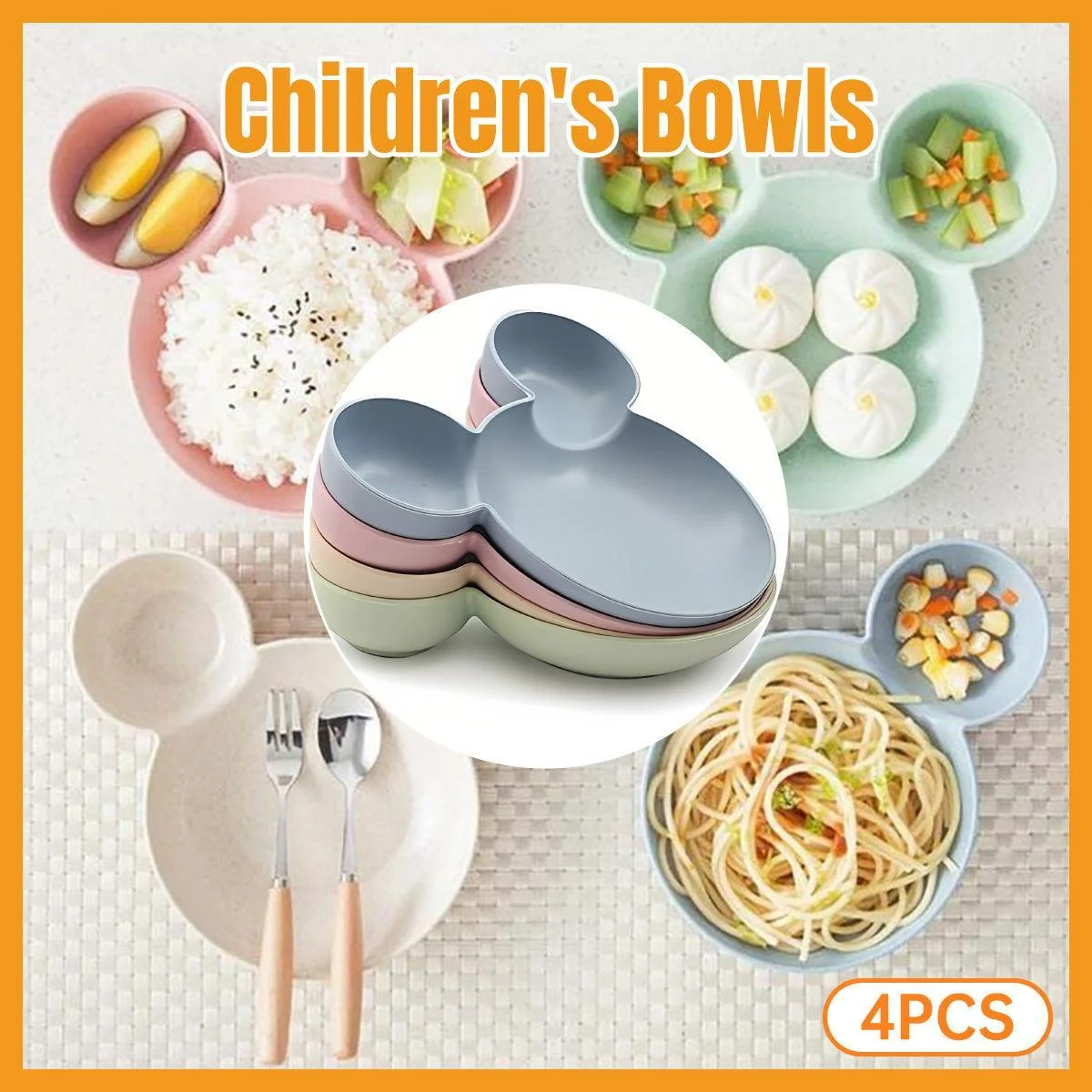 4PCS Wheat Straw Tableware Set Anti Fall Bowls Children Dish Dinner Plate Bowl
