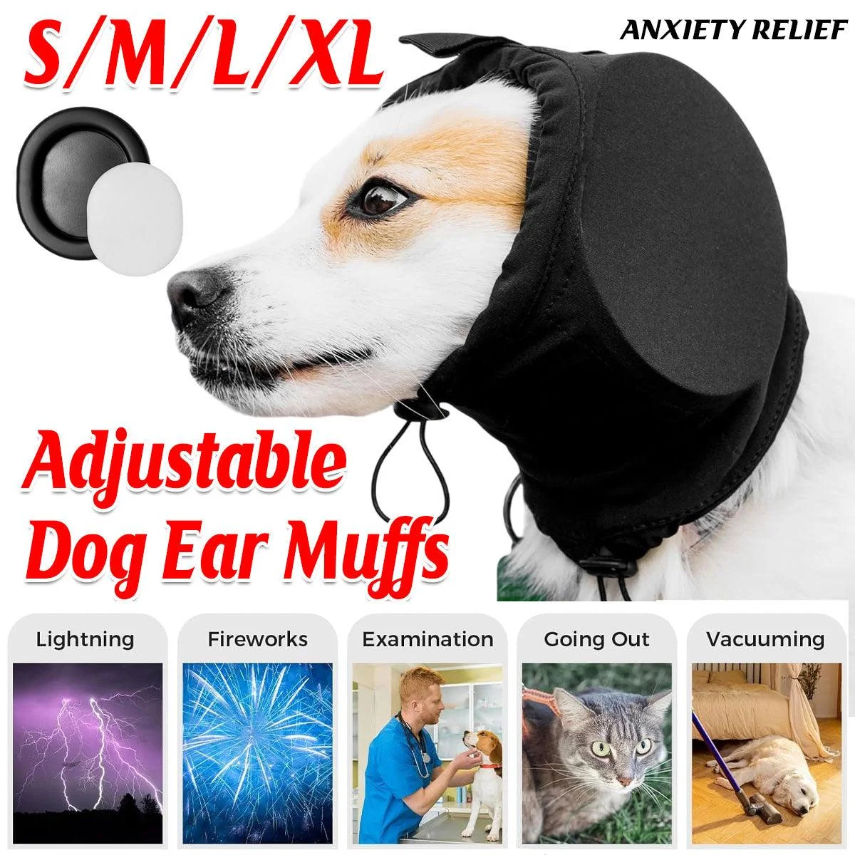 Black Adjustable Dog Ear Muffs Noise Reducing Pet Headwrap Protective Ear Cover - L
