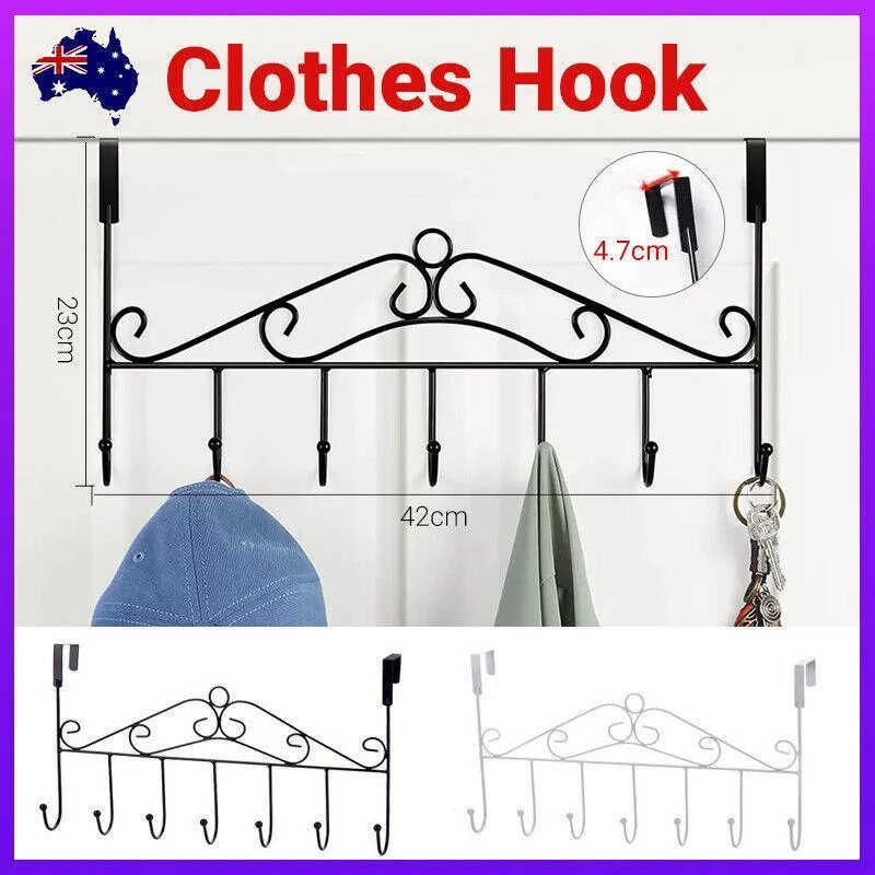 7-Hooks For Bedroom Over The Door Hanger Clothes Storage Towel Iron Hanging Rack - Black