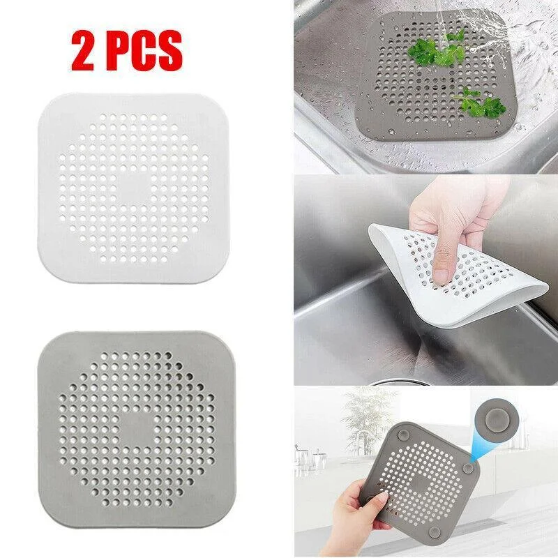 2Pc Square Drain Cover For Shower Drain Hair Catcher Flat Silicone Plug For Bath - 2PCS-White
