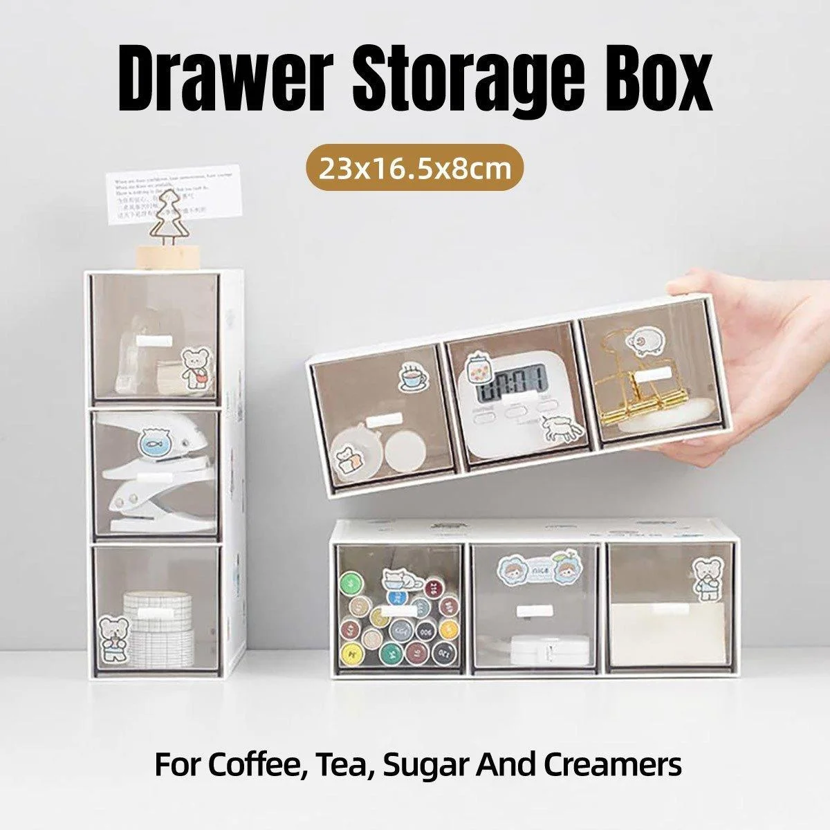 Storage Box 3Drawers DIY Desktop Plastic Transparent Coffee Sugar Jewelry Box