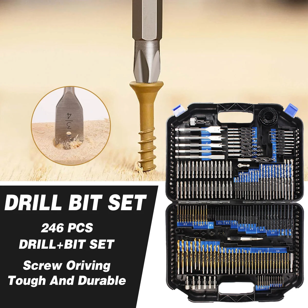 246pcs Drill Bit Set Hole Opener Drills Kit Metal Wood Plastic DIY Power Tools