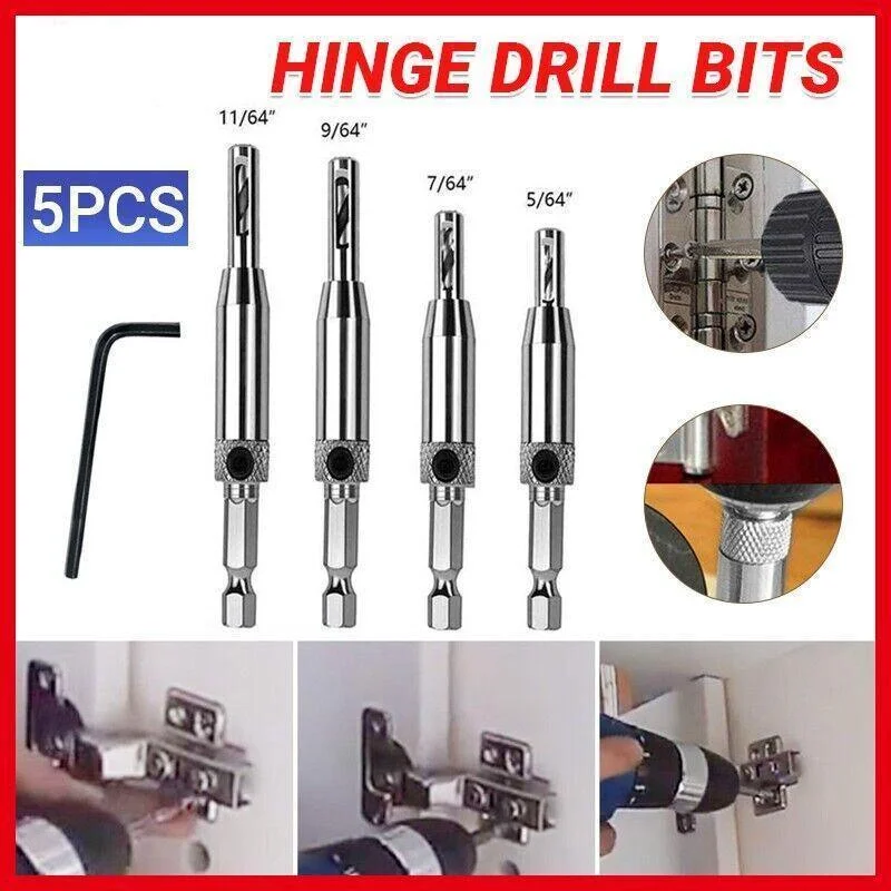 4X Self-Centering Drill Bits Hex Shank Pilot Door Drawer Hinge Hole Screw Guide