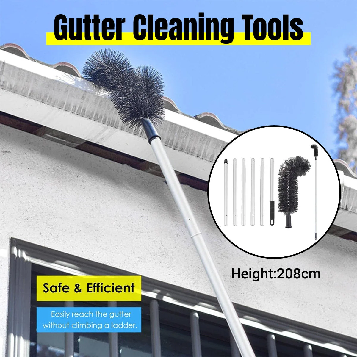 Gutter Cleaning Brush Roofing Tool with Pole 208cm for Long Splicing Gutter