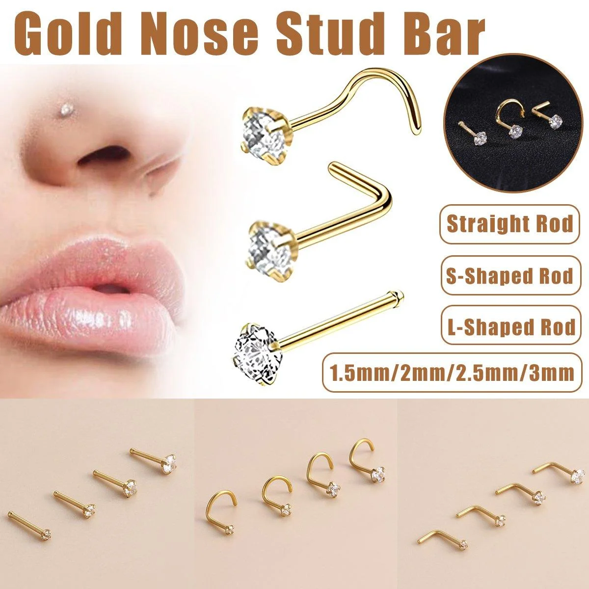 Stainless Steel Nosepiece with Gold Nose Stud Stylish Piercing Jewellery Women - Straight Rod-3mm