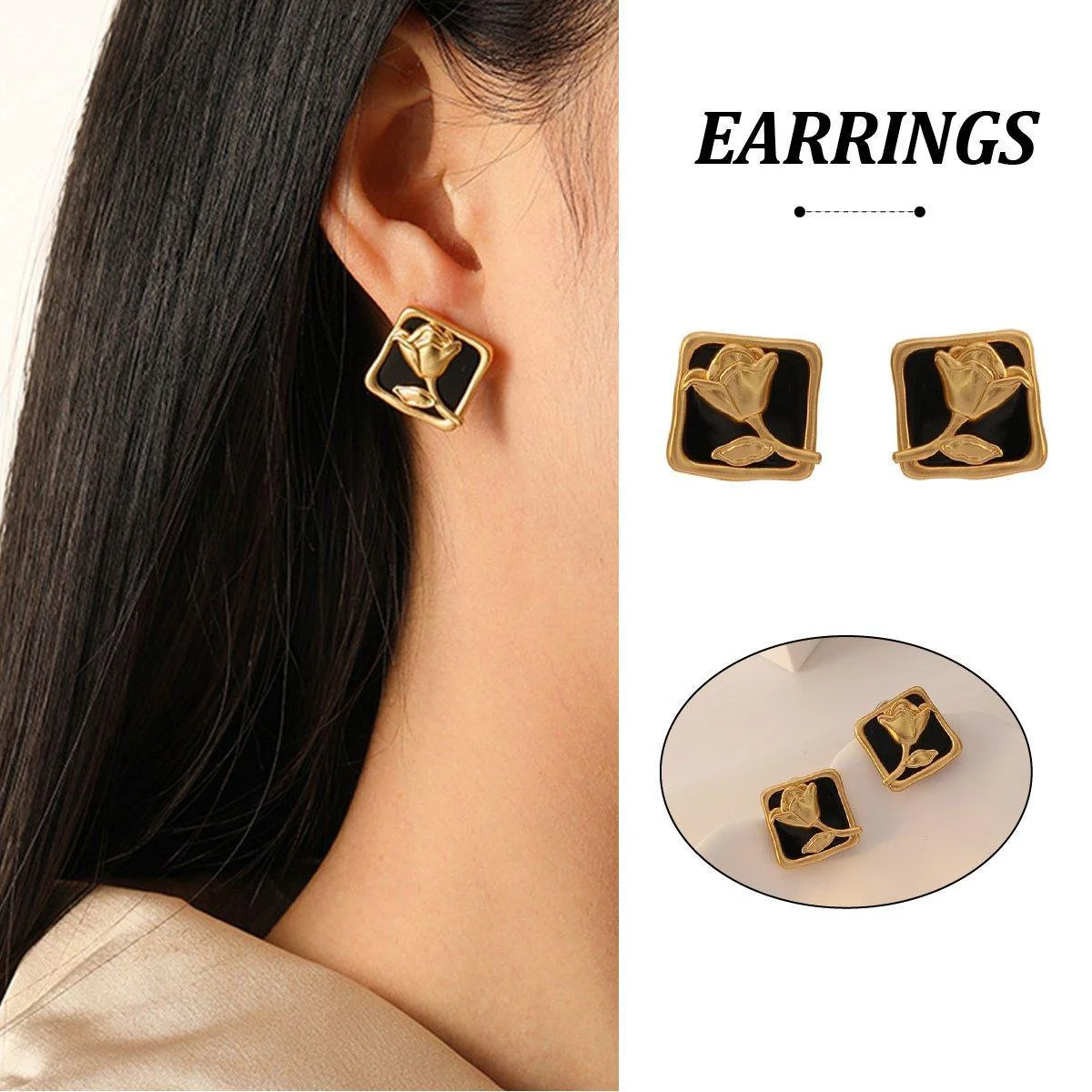 Vintage Matte Black Rose Square Stud Earrings Elegant Fashion Jewelry Women