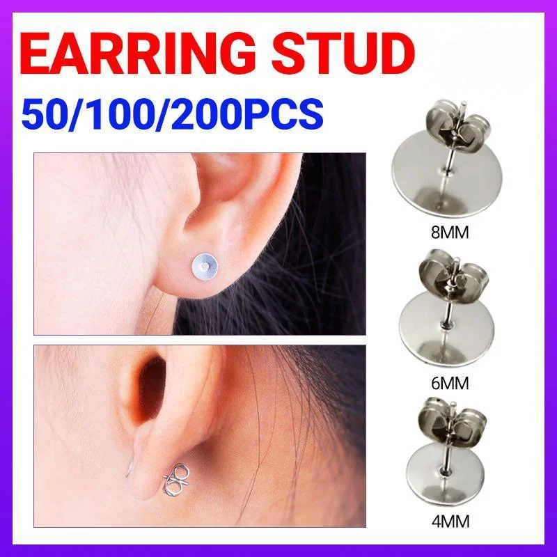 50/100/200PCS Earring Stud Posts Pads+Nut Backs Silvery Surgical Steel DIY Craft 4MM - 50PCS (50xpads&50xbacks)