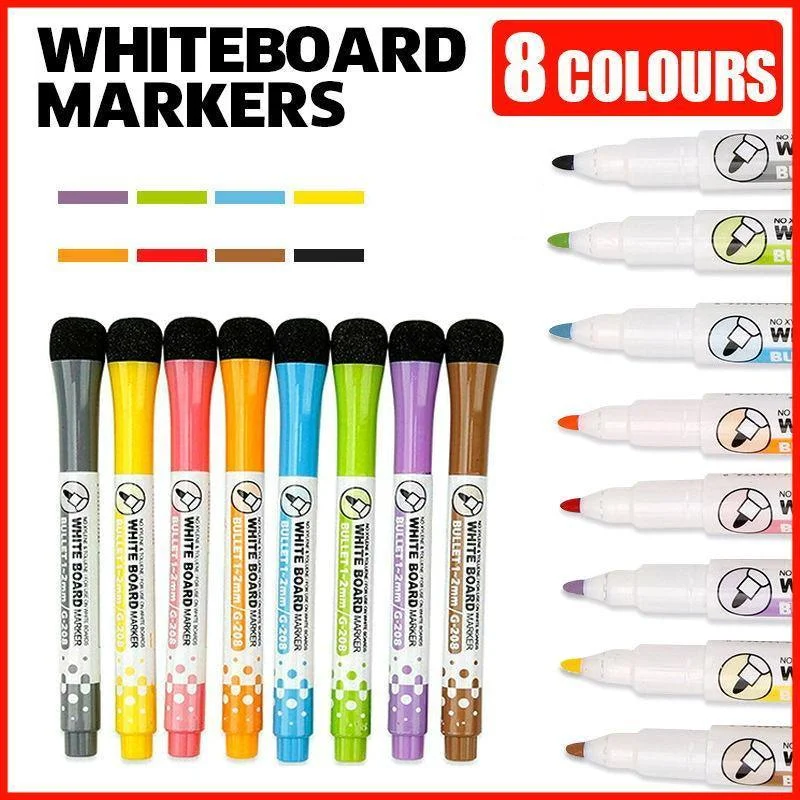 8 Colours Dry Erase Whiteboard Markers Set with Built-in Eraser Tips