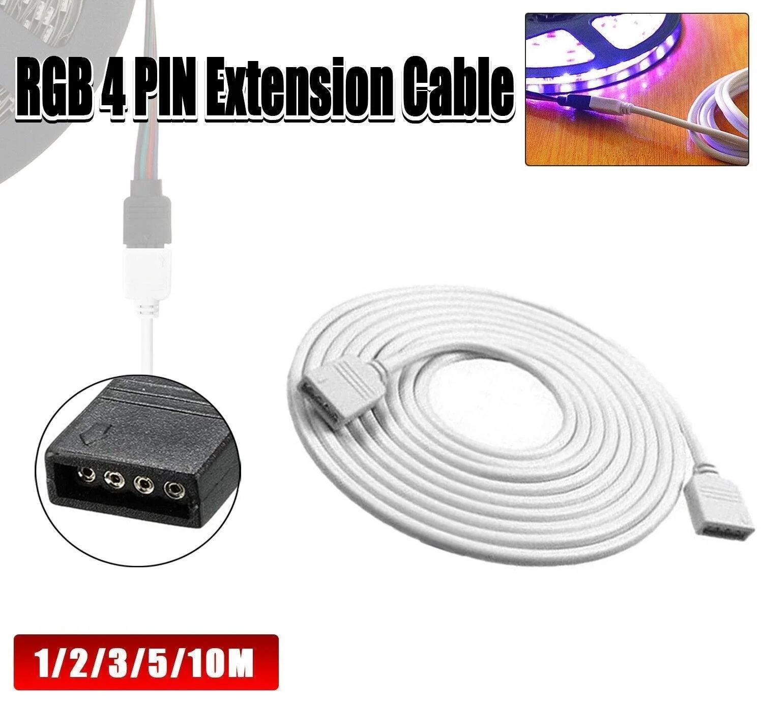 1-10M White LED RGB Light Strip Extension Cord Cable Lead Connector 4 Pin - 2M