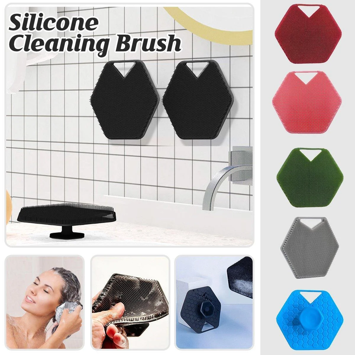 Silicone Bath Brush Soft Bristle Body Scrubber Facial Cleaning Massage Tool - Black