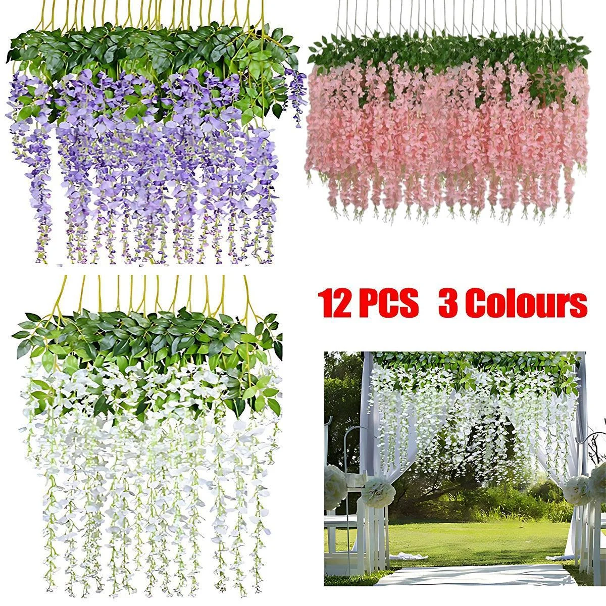 12X Artificial Silk Fake Flower Garland Vine Wisteria Leaf Hanging Wedding Decor - White