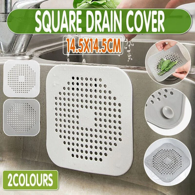 2X Square Drain Cover For Shower Drain Hair Catcher Flat Silicone Plug For Bath - Grey