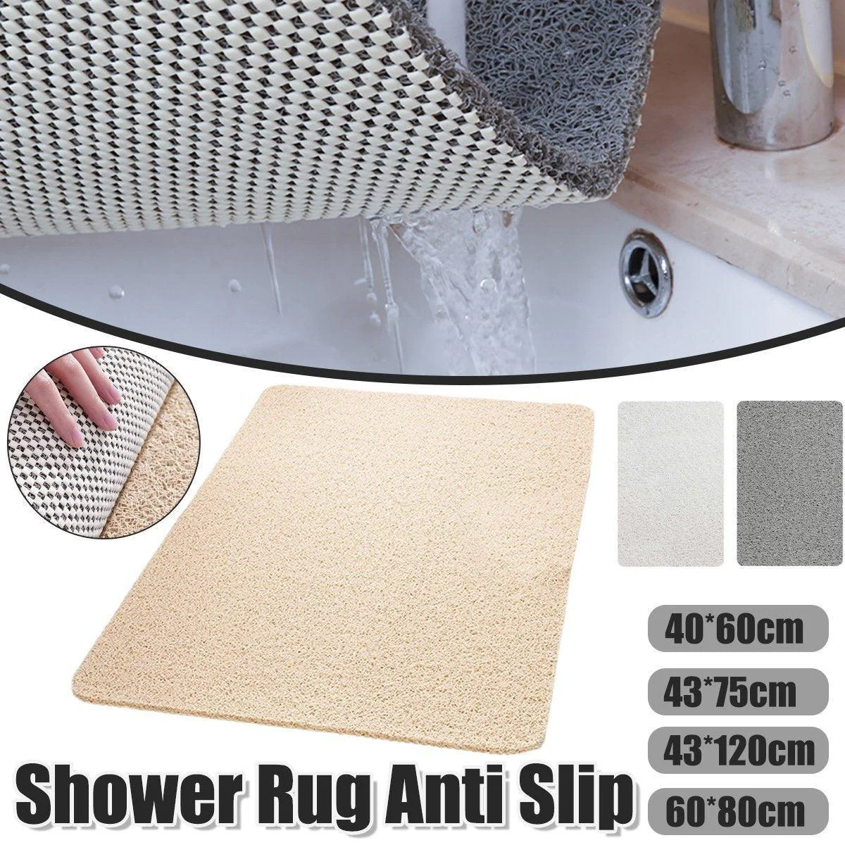 Waterproof Non-Slip Bathroom Shower Mat Anti-Slip Rug Toilet Floor Mat Washable - White-43*75cm