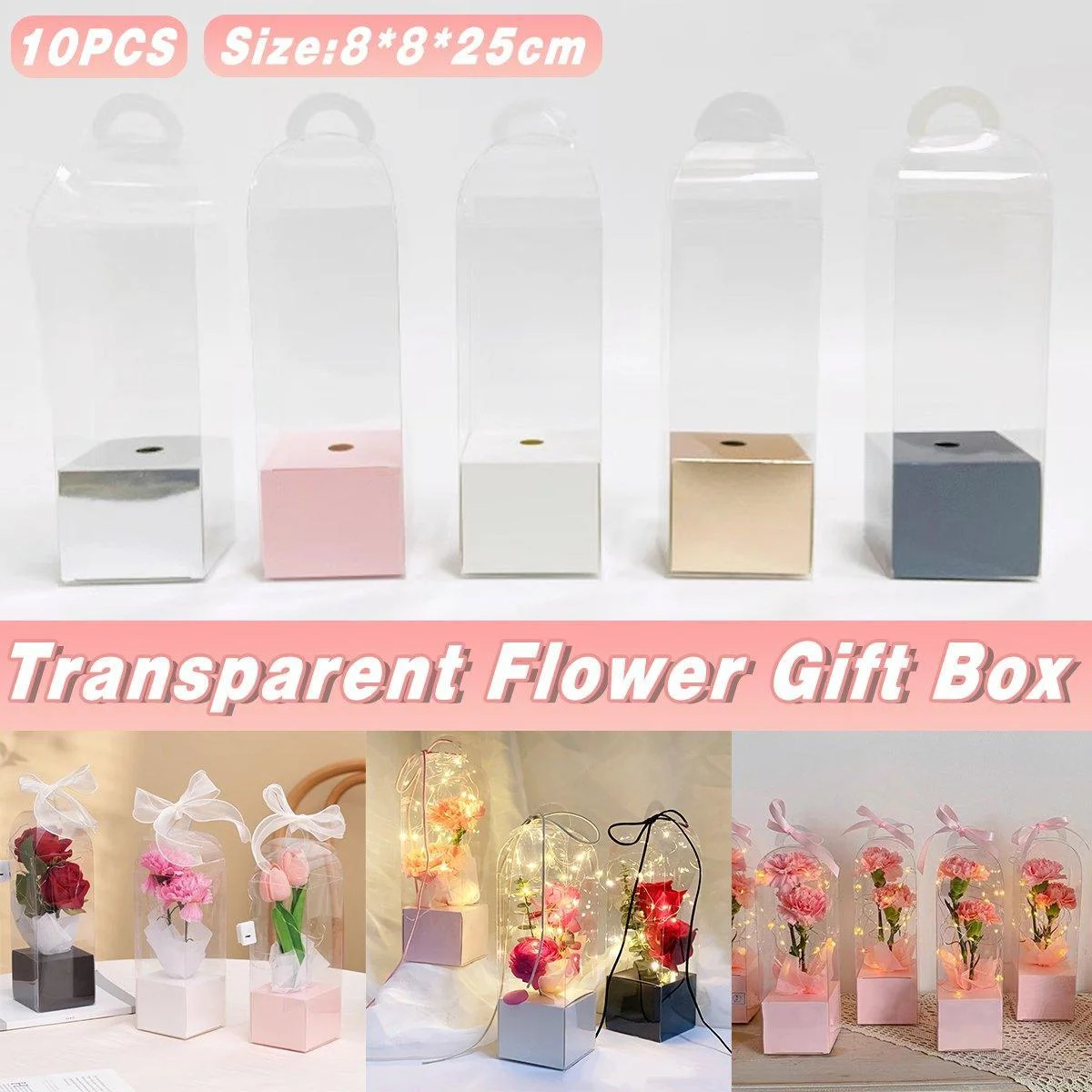 10pcs Bouquet Packaging Transparent PVC Flower Box Portable Floral Gift Boxes - White