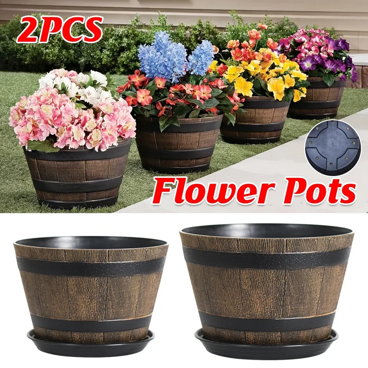 2PCS Wooden Barrel Style Plastic Flower Pots Anti Slip for Garden