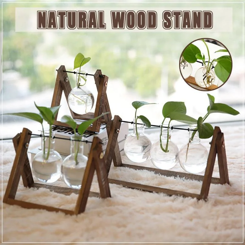 Wood Stand Glass Vase Terrarium Hydroponic Hanging Planter Home Decor - S With 1 Bottle