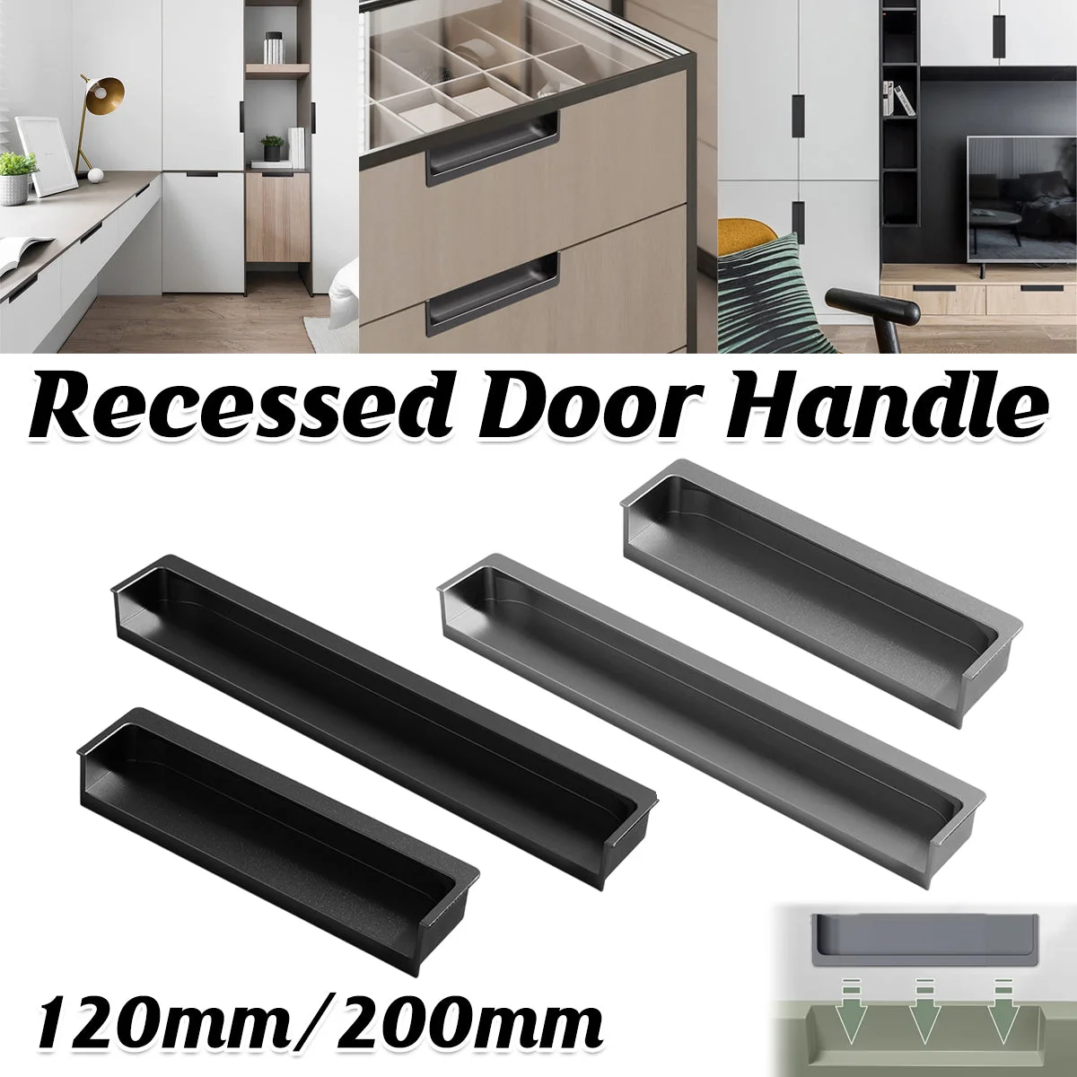 Hidden Recessed Cabinet Handle 120mm 200mm Slotted Drawer Door Pull Furniture - Black-120mm