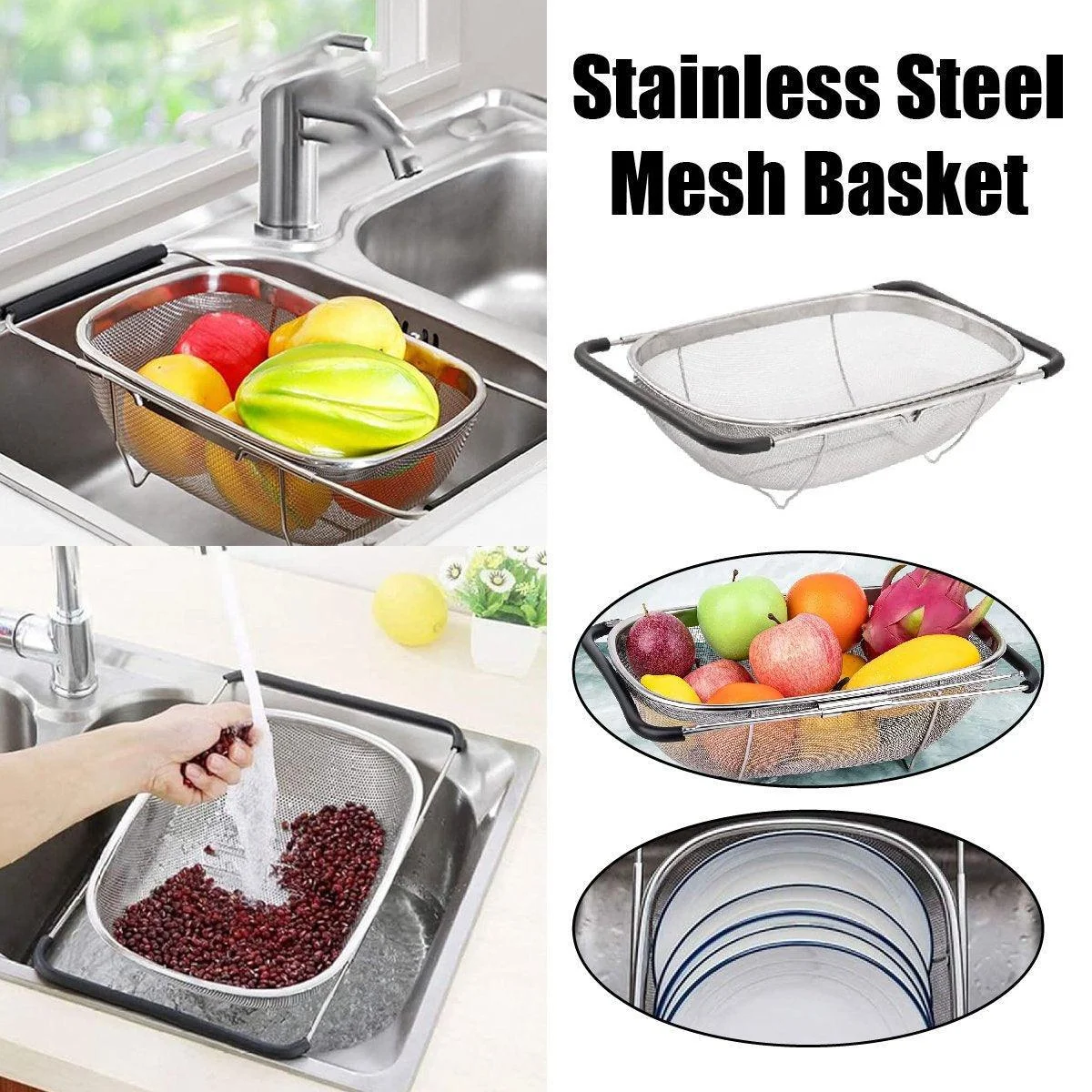Stainless Steel Telescopic Sink Basket Multi Purpose Fruit Vegetable Strainer