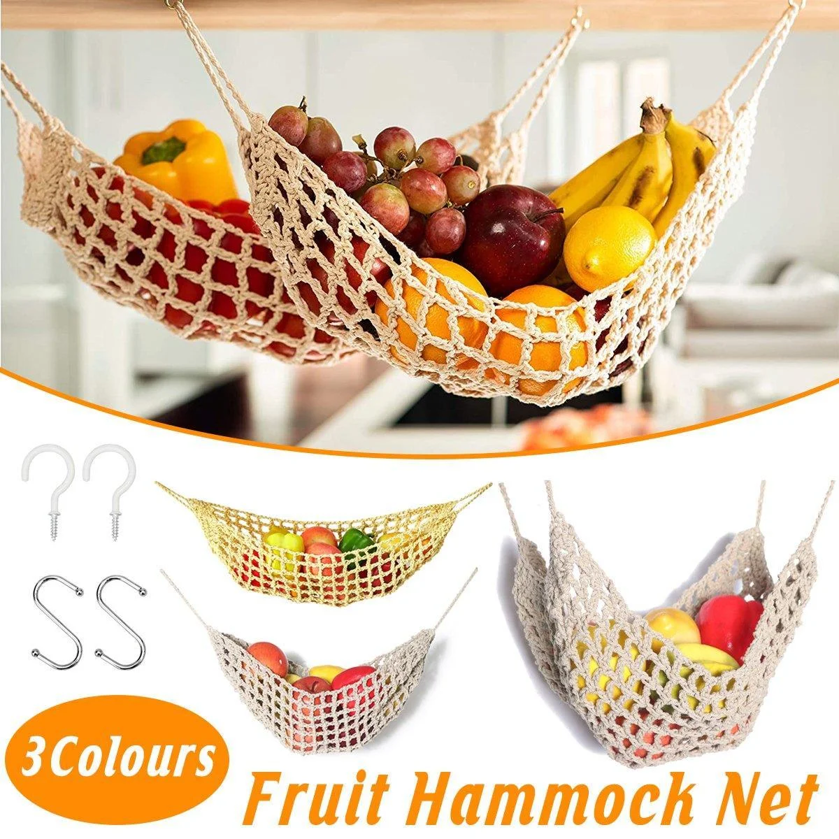 Under Desk Hanging Fruit Basket Kitchen Storage Net Home Organizer for Fruits - Khaki