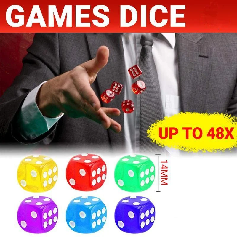 12-48PCS 6 Sided Games Dice Transparent Coloured Game Play Toy Bulk Board Game - 12PCS
