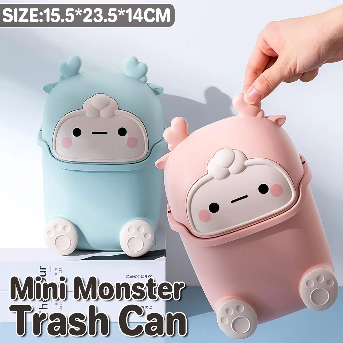 Mini Monster Trash Can Desktop Flip Top Garbage Bin Small Plastic Waste Basket - Pink