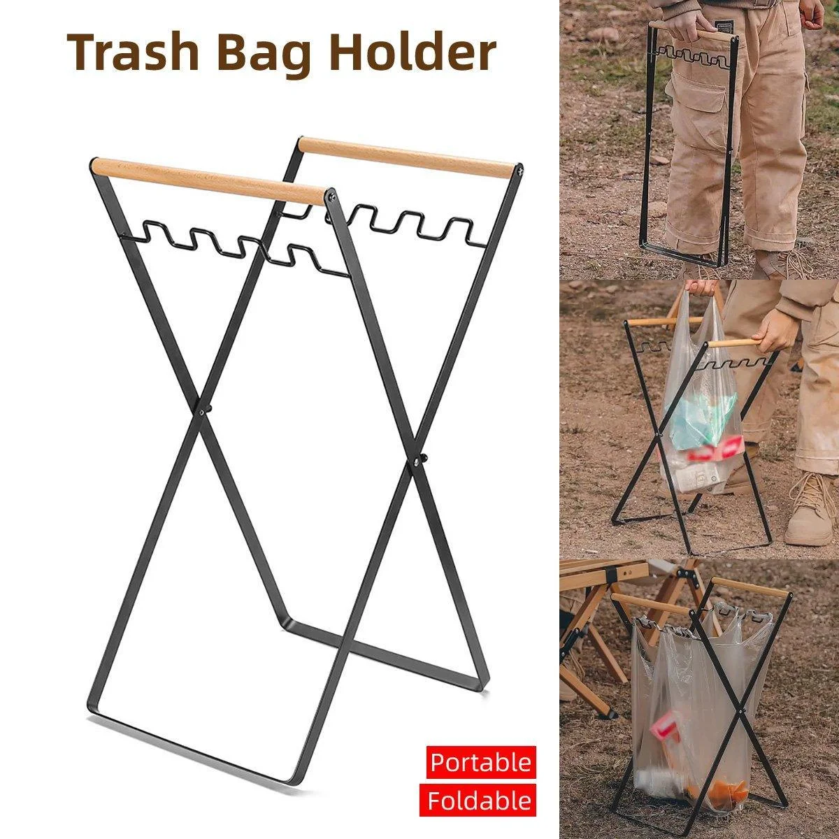 Outdoor Portable Wooden Folding Garbage Rack Picnic Barbecue Plastic Bag Holder