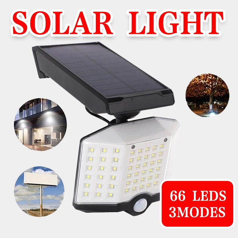 66 LED Solar Motion Sensor Light Outdoor Wall Security Lamp with 3 Heads