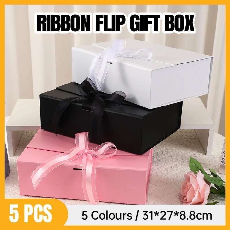 Elegant Ribbon Flip Folding Gift Boxes Multiple Colors High-Quality Cardboard - Pink