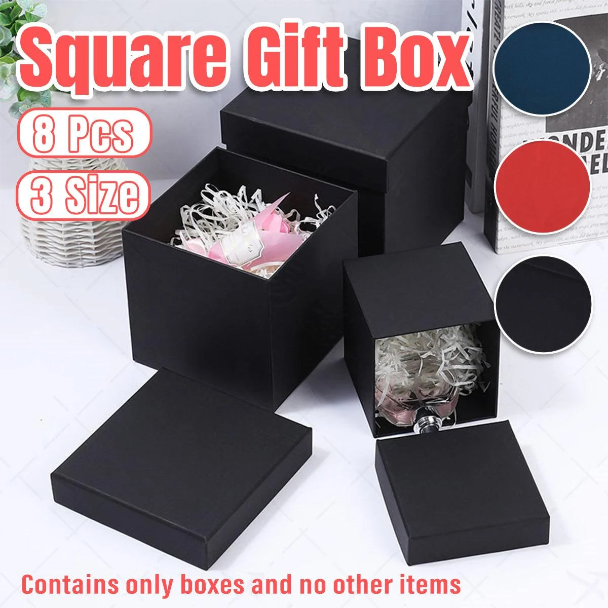 Square Gift Boxes 8pcs Empty Packaging Boxes for Favour Party Wedding Storage - Black-12x12cm