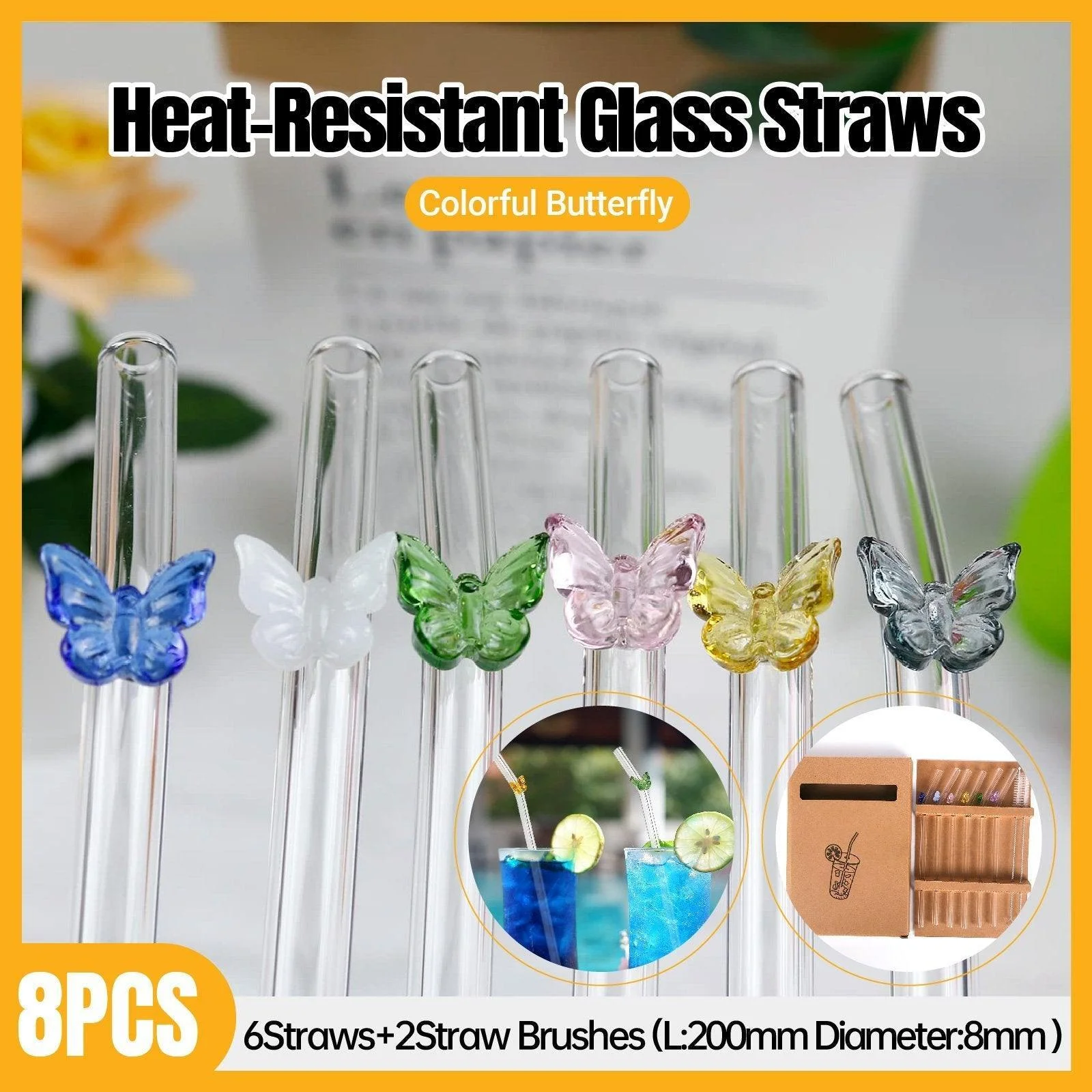 8pcs Colourful Butterfly Glass Straw Reusable Heat Resistant Proof MultiColours