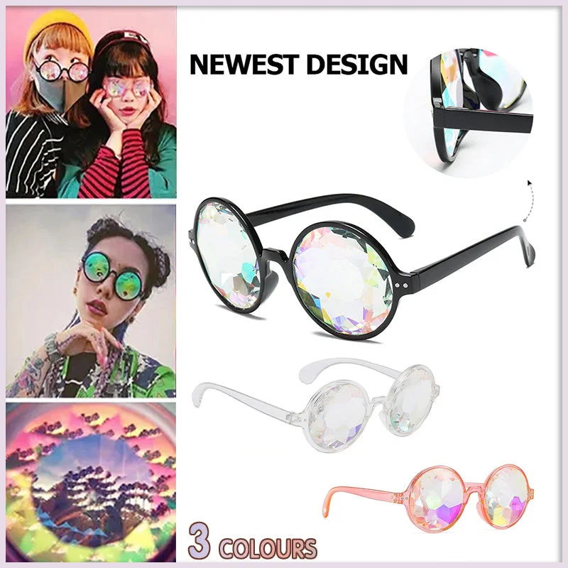Festival Rave Kaleidoscope Glasses Prism Lens Crystal Effect Party Sunglasses - Black