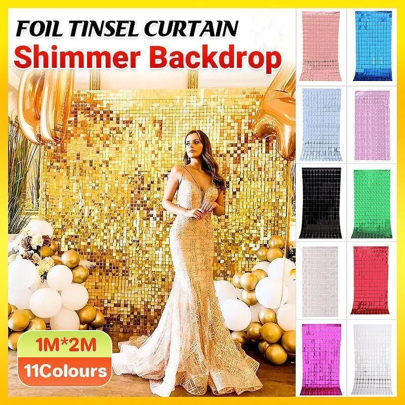 Rectangle Tinsel Curtain Shimmer Wall Backdrop 2M Length Party Decoration Sequin - Blue