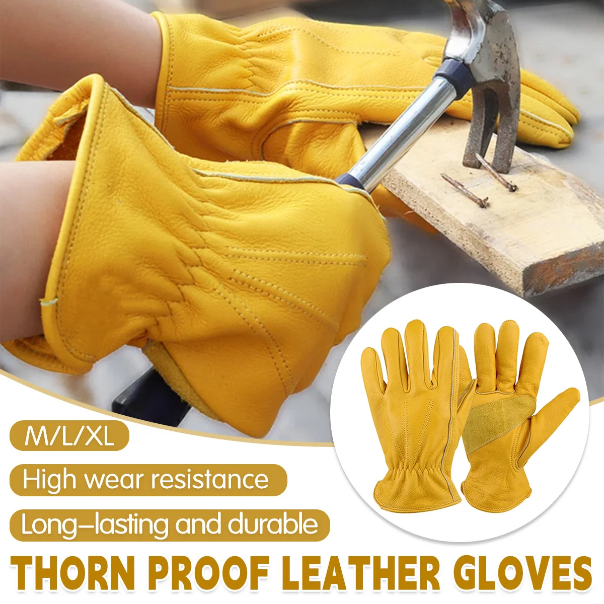Golden Yellow Cowhide Work Gloves Full Finger Gardening DIY Home Maintenance Use - M