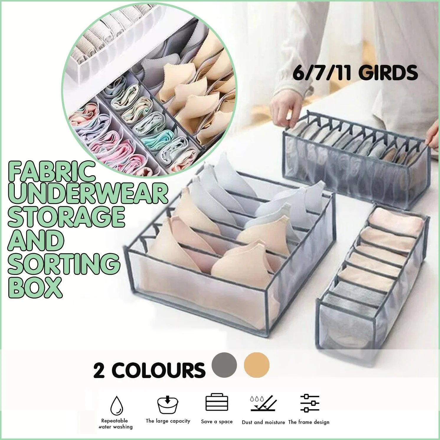 Foldable Drawer Organizer Divider Bra Sock Underwear Storage Closet Wardrobe - Grey with 11 Boxes