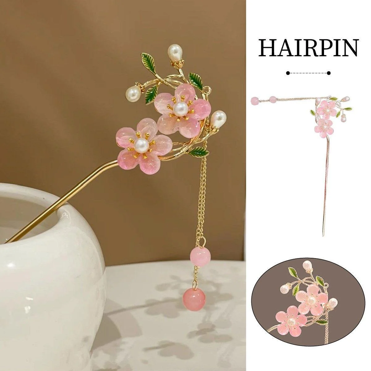 Chinese Style Pink Double Flower Fringe Hairpin Hanfu Headdress for Women