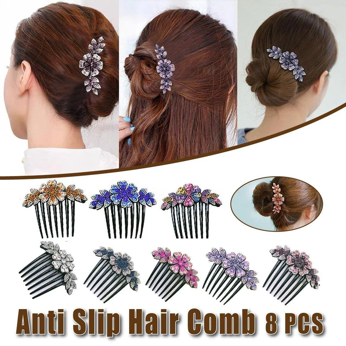 8Pack Rhinestone Hair Comb Non-Slip Simple All-Match Hair Accessories Fork Comb