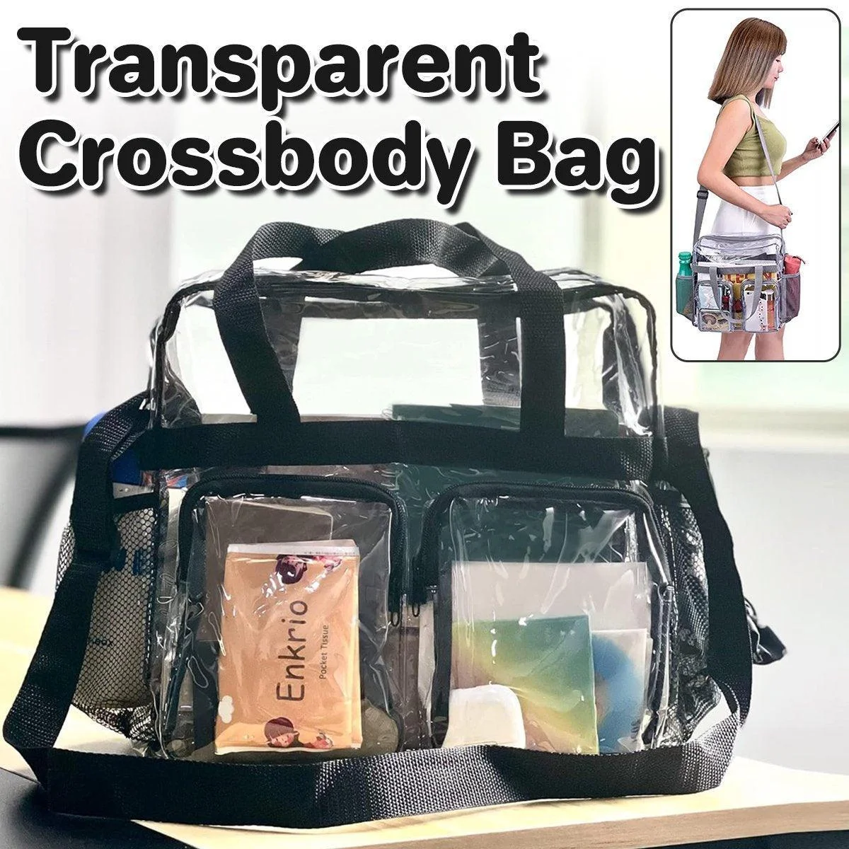 Clear Tote Bag Plastic Transparent Purse Handbag Zipper Security Event Stadium - Black