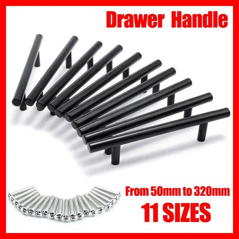 5PCS Black Kitchen Cabinet Door Handles Stainless Steel Door Drawer Pull T Bar - 50mm