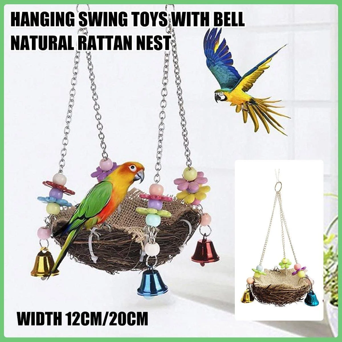Bird Parrot Swing Stand Rattan Nest Hanging Basket Chew Toy for Small Medium Pet - S-12cm