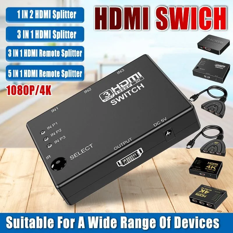 HDMI Switch Splitter 3-in-1 5-in-1 or 1-in-2 1080p 4K Manual or Remote Options - 3 in 1 Switch 1080p Manual