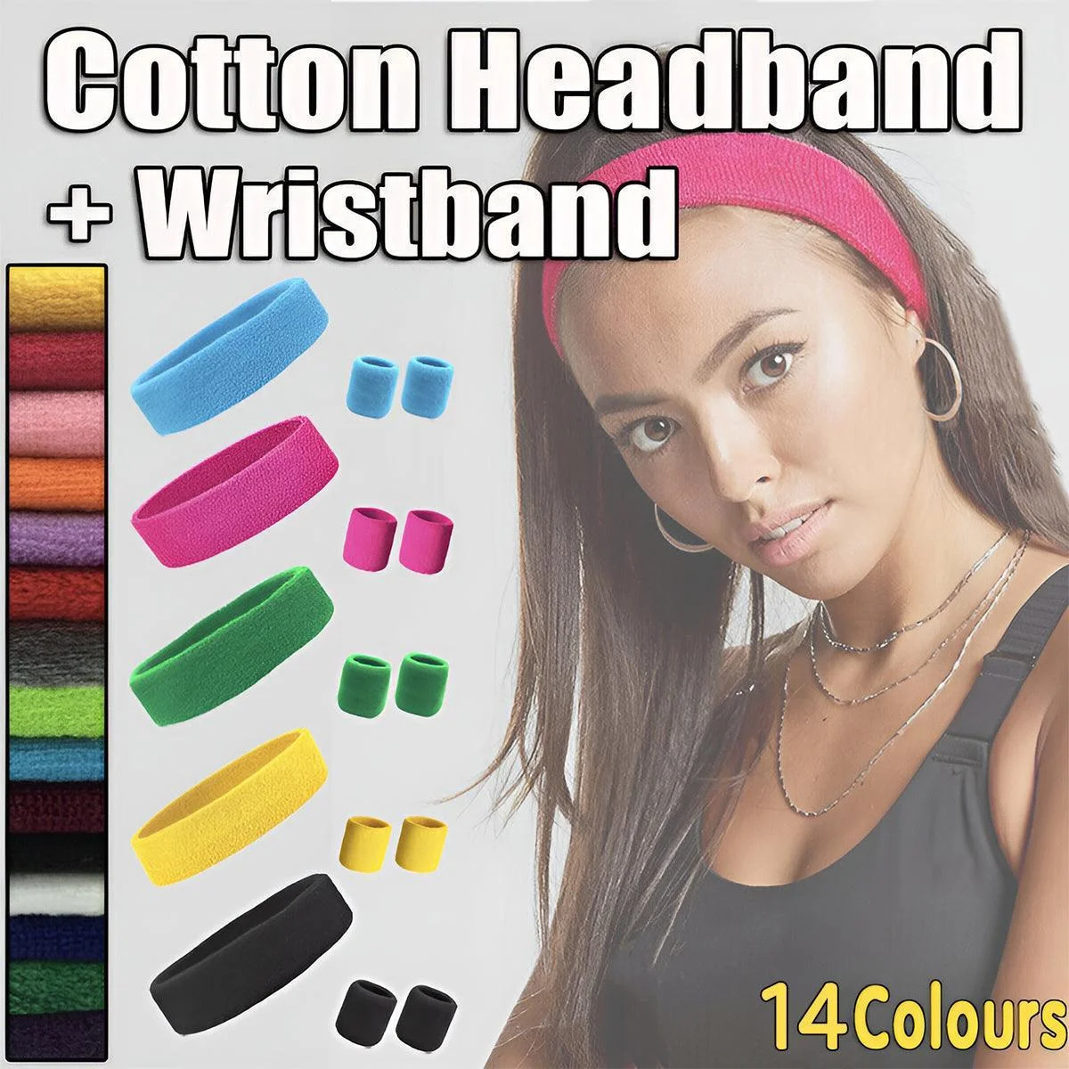 Wristbands Headband Sweatbands Sweat Band For Sport Tennis Badminton Yoga Cotton - Black