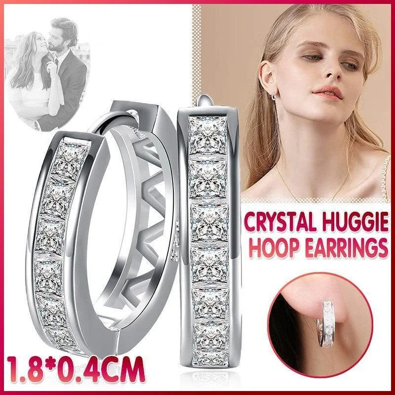 925 Sterling Silver Filled Clear Zircon Crystal Huggie Hoop Earrings