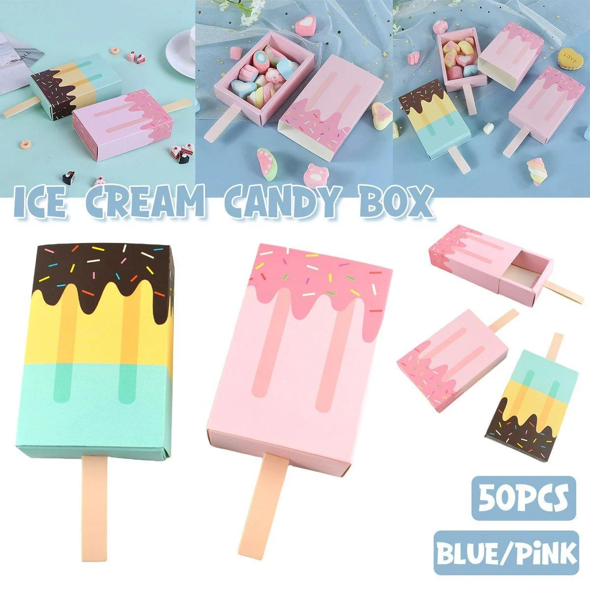 50PCS Creative Ice Cream Candy Gift Boxes Fruit Shaped Party Favor Packaging Box - Pink