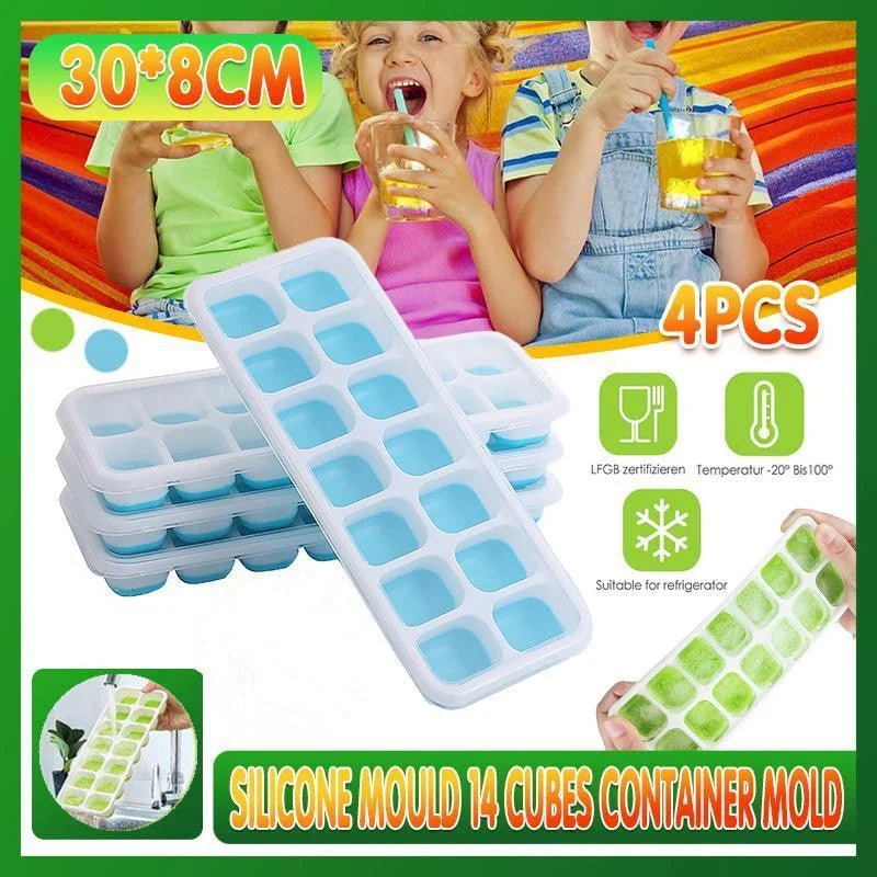4Pcs Ice Cube Tray With Lid Easy Release Silicone Mould 14 Cubes Container Mold - Blue